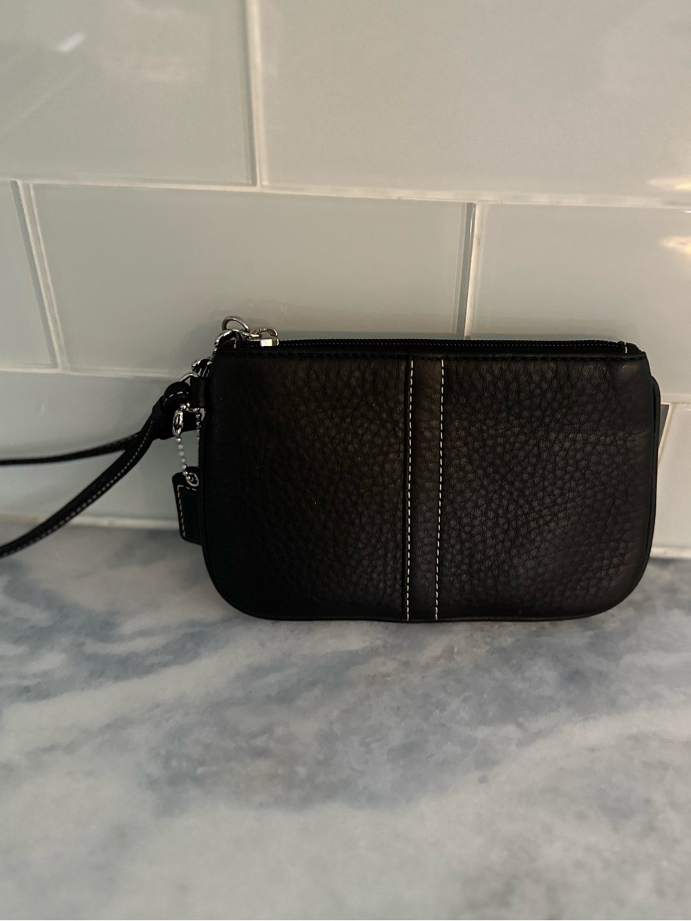 Vintage Coach Thick Black Pebbled Leather Wristlet with Contrast Stitching